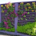 Wooden slats in a frame form the foundation of this free-standing garden wall. (From Home Envy)If you have an old fence, you could probably turn it into a similar statement piece.